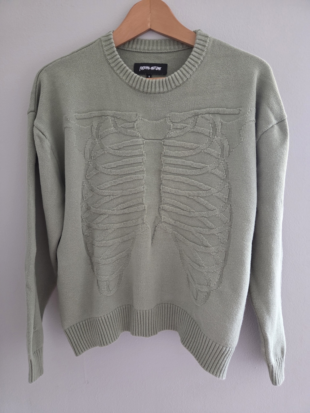 FA Men’s Sage Green Ribbed Crewneck Sweater with Rib-Cage Motif